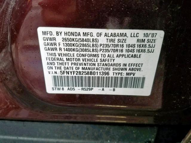 5FNYF28258B011396 - 2008 HONDA PILOT VP MAROON photo 10