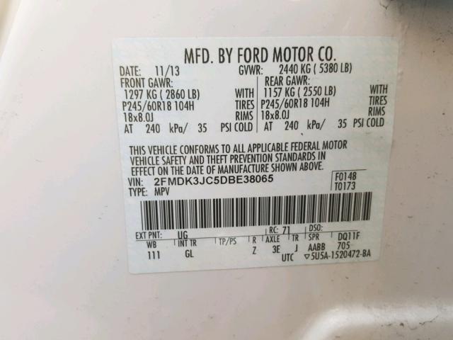 2FMDK3JC5DBE38065 - 2013 FORD EDGE SEL WHITE photo 10