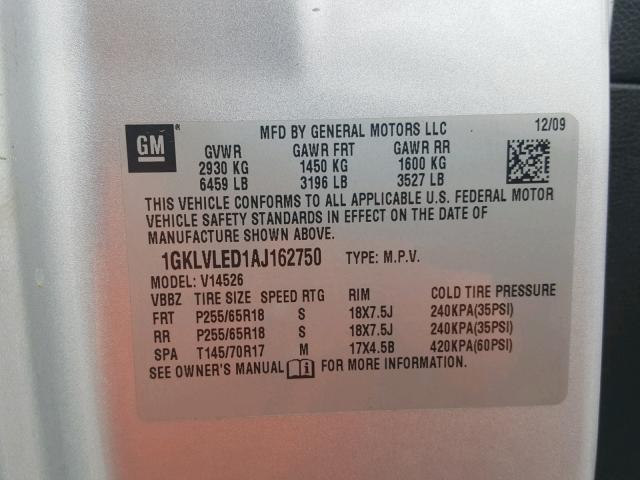 1GKLVLED1AJ162750 - 2010 GMC ACADIA SLE SILVER photo 10