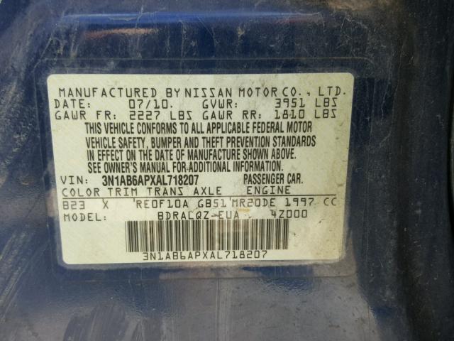 3N1AB6APXAL718207 - 2010 NISSAN SENTRA 2.0 BLUE photo 10