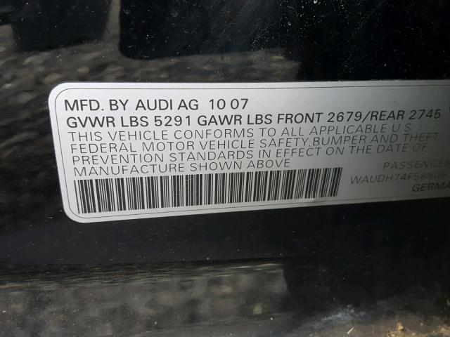 WAUDH74F58N061308 - 2008 AUDI A6 3.2 QUA BLACK photo 10