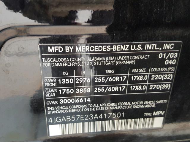 4JGAB57E23A417501 - 2003 MERCEDES-BENZ ML 350 BLACK photo 10