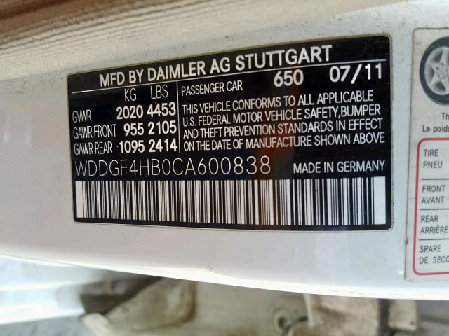 WDDGF4HB0CA600838 - 2012 MERCEDES-BENZ C 250 WHITE photo 10