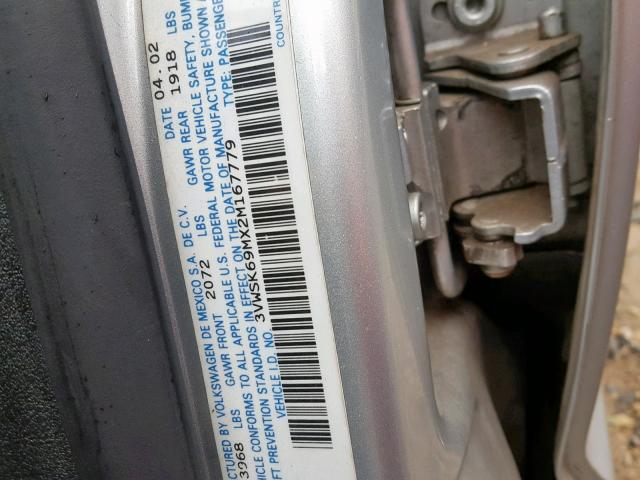 3VWSK69MX2M167779 - 2002 VOLKSWAGEN JETTA GLS SILVER photo 10