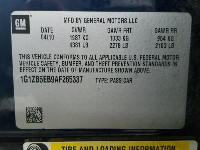 1G1ZB5EB9AF265337 - 2010 CHEVROLET MALIBU LS 蓝色 照片 10