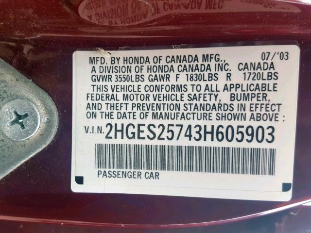 2HGES25743H605903 - 2003 HONDA CIVIC EX RED photo 10