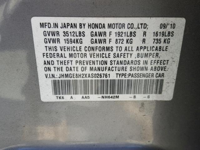 JHMGE8H2XAS026761 - 2010 HONDA FIT SILVER photo 10