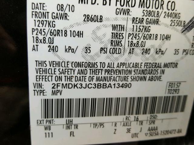 2FMDK3JC3BBA13490 - 2011 FORD EDGE SEL BLACK photo 10