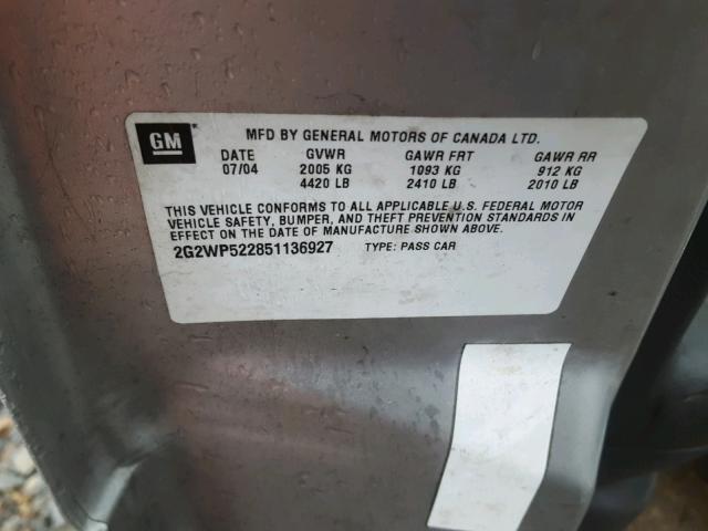 2G2WP522851136927 - 2005 PONTIAC GRAND PRIX SILVER photo 10