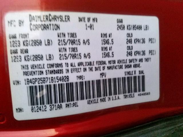 1B4GP25B71B154028 - 2001 DODGE CARAVAN SE RED photo 10