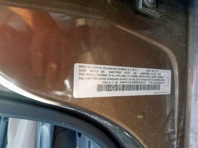 3VW2K7AJ5BM360106 - 2011 VOLKSWAGEN JETTA BASE 棕色 照片 10
