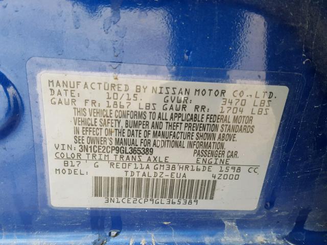 3N1CE2CP9GL365389 - 2016 NISSAN VERSA NOTE BLUE photo 10