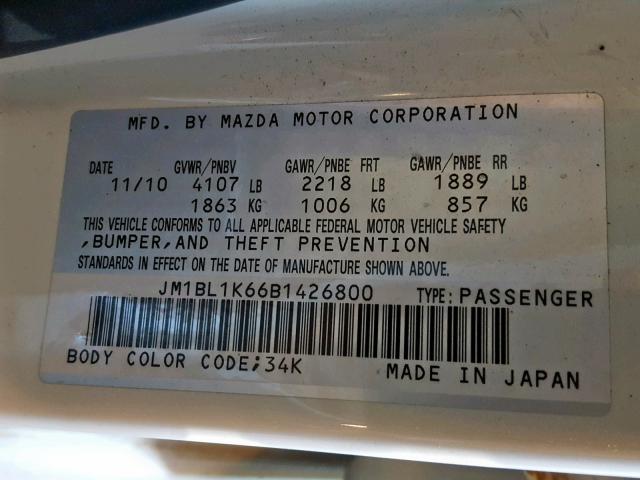 JM1BL1K66B1426800 - 2011 MAZDA 3 S WHITE photo 10