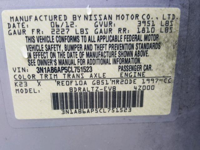 3N1AB6AP5CL751523 - 2012 NISSAN SENTRA 2.0 SILVER photo 10