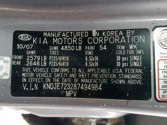 KNDJE723287494984 - 2008 KIA SPORTAGE E GRAY photo 10