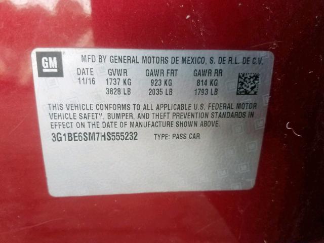 3G1BE6SM7HS555232 - 2017 CHEVROLET CRUZE LT RED photo 10