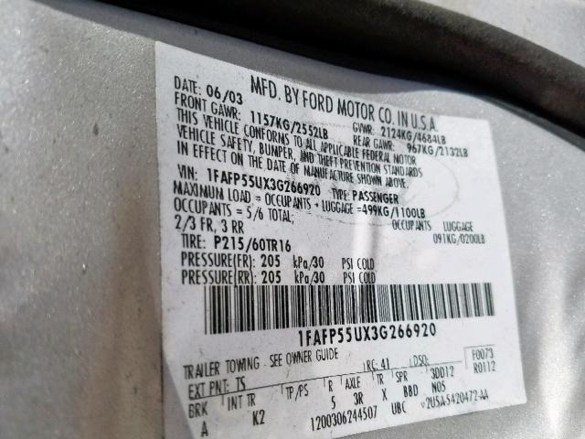 1FAFP55UX3G266920 - 2003 FORD TAURUS SES SILVER photo 10