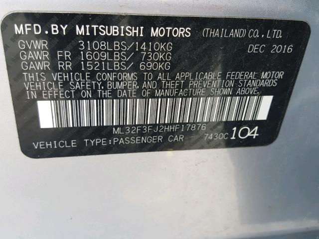 ML32F3FJ2HHF17876 - 2017 MITSUBISHI MIRAGE G4 SILVER photo 10