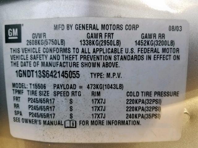 1GNDT13S642145055 - 2004 CHEVROLET TRAILBLAZE SILVER photo 10