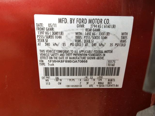 1FMHK8F89BGA70868 - 2011 FORD EXPLORER L RED photo 10