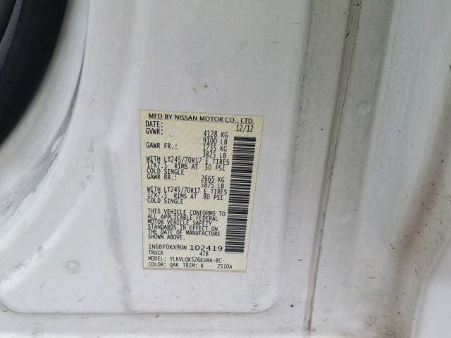 1N6BF0KX9DN102419 - 2013 NISSAN NV 1500 WHITE photo 10