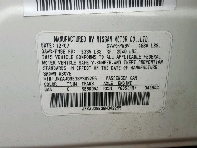 JNKAJ09E38M302255 - 2008 INFINITI EX35 BASE WHITE photo 10