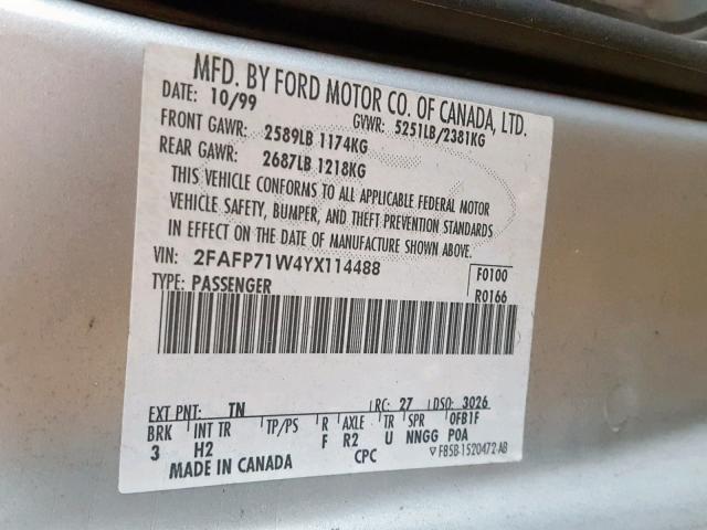 2FAFP71W4YX114488 - 2000 FORD CROWN VICT SILVER photo 10