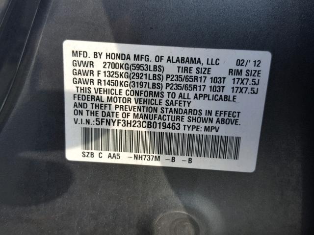 5FNYF3H23CB019463 - 2012 HONDA PILOT LX GRAY photo 10