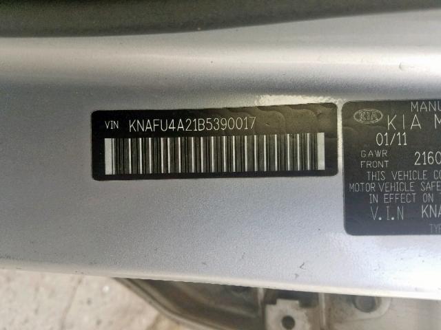 KNAFU4A21B5390017 - 2011 KIA FORTE EX SILVER photo 10