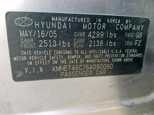 KMHET46C76A090090 - 2006 HYUNDAI SONATA GL GRAY photo 10