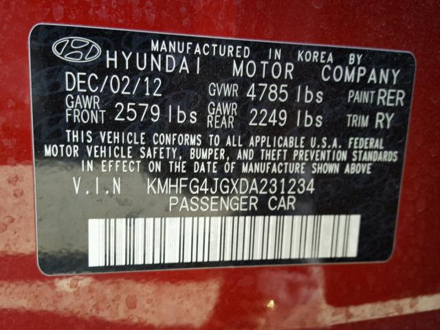 KMHFG4JGXDA231234 - 2013 HYUNDAI AZERA RED photo 10