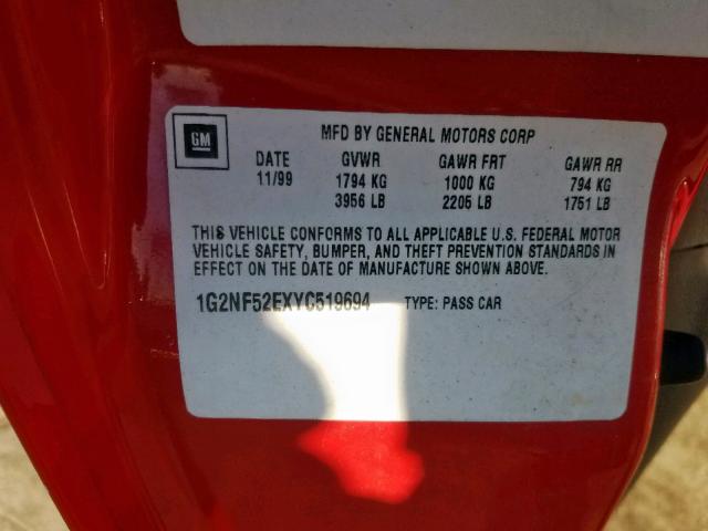 1G2NF52EXYC519694 - 2000 PONTIAC GRAND AM S RED photo 10