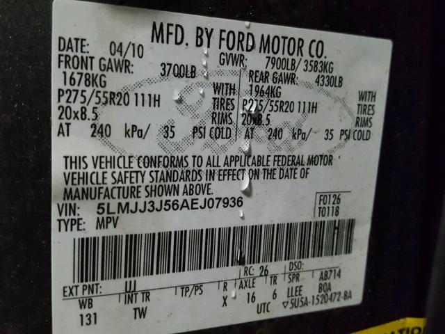 5LMJJ3J56AEJ07936 - 2010 LINCOLN NAVIGATOR 灰色 照片 10