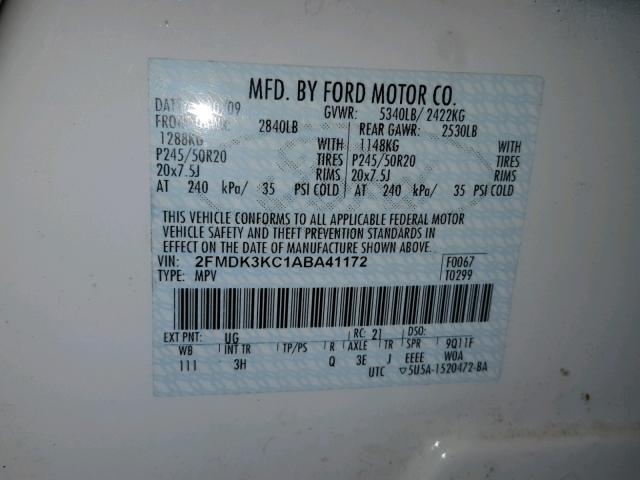 2FMDK3KC1ABA41172 - 2010 FORD EDGE LIMIT WHITE photo 10