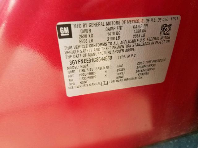 3GYFNEE31CS544560 - 2012 CADILLAC SRX PERFOR RED photo 10