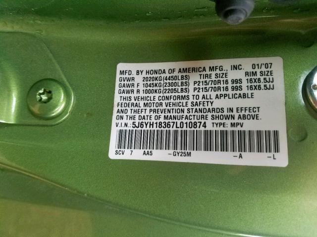 5J6YH18367L010874 - 2007 HONDA ELEMENT LX GREEN photo 10