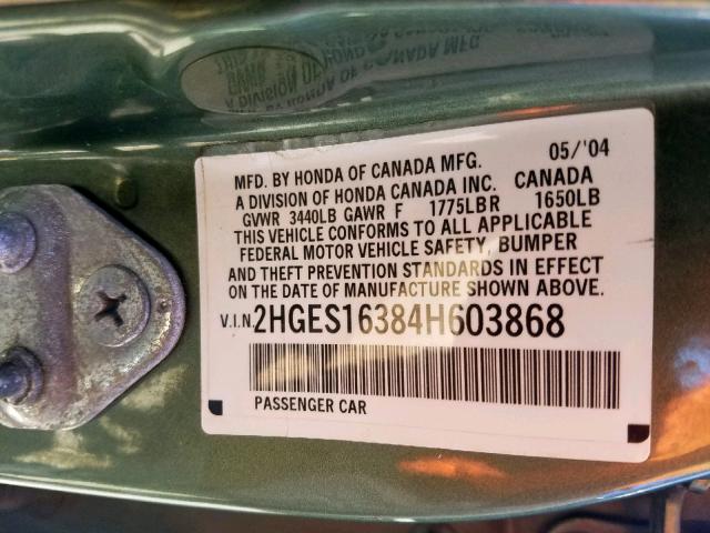 2HGES16384H603868 - 2004 HONDA CIVIC DX V GREEN photo 10