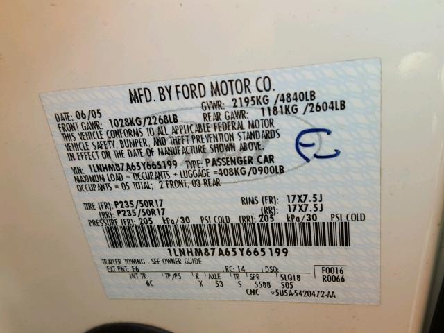 1LNHM87A65Y665199 - 2005 LINCOLN LS WHITE photo 10