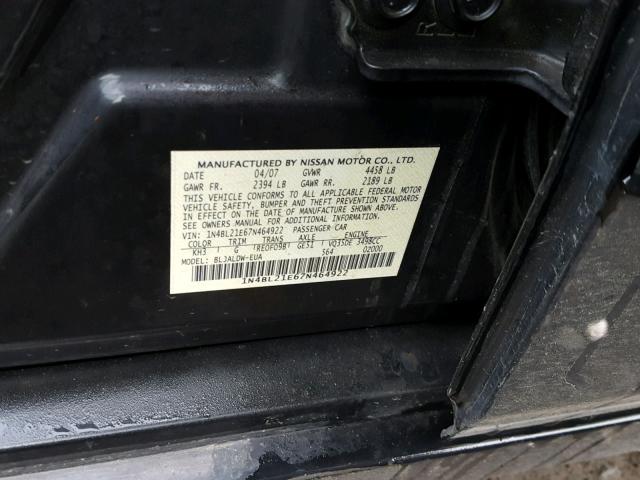 1N4BL21E67N464922 - 2007 NISSAN ALTIMA 3.5 BLACK photo 10