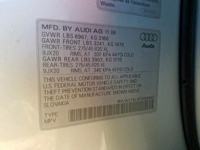 WA1AV74L47D066602 - 2007 AUDI Q7 4.2 QUA SILVER photo 10