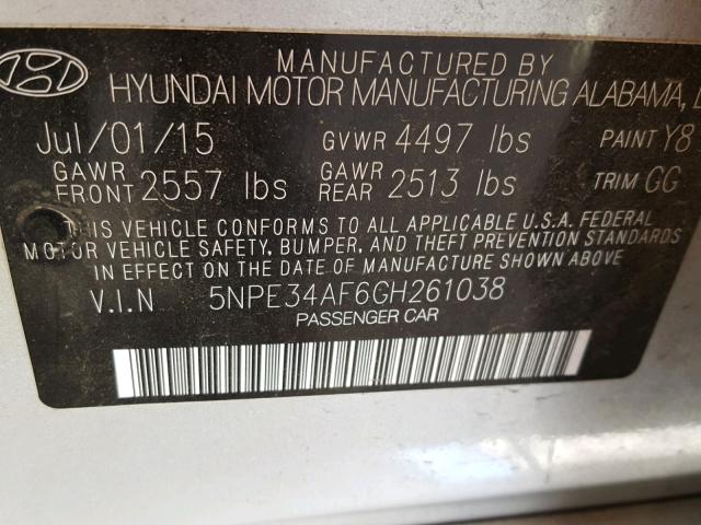 5NPE34AF6GH261038 - 2016 HYUNDAI SONATA SPO SILVER photo 10