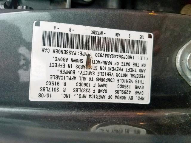 1HGCP26449A047930 - 2009 HONDA ACCORD LXP GRAY photo 10