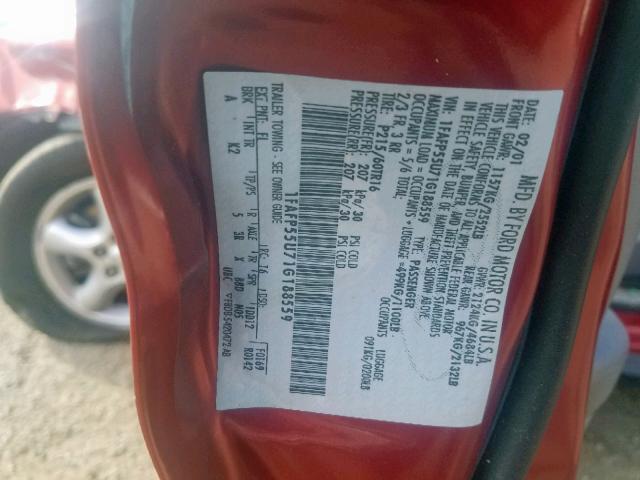 1FAFP55U71G188559 - 2001 FORD TAURUS SES RED photo 10