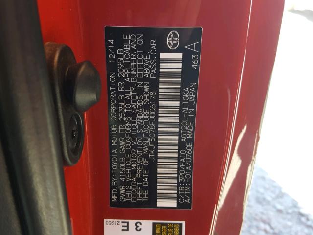 JTKJF5C78FJ006178 - 2015 TOYOTA SCION TC RED photo 10