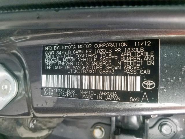 JTDKDTB3XC1028893 - 2012 TOYOTA PRIUS C GRAY photo 10