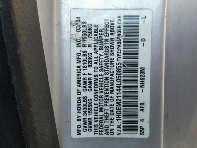 1HGEM21144L050855 - 2004 HONDA CIVIC DX V SILVER photo 10