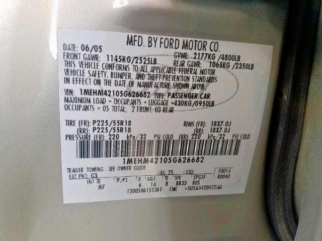 1MEHM42105G626682 - 2005 MERCURY MONTEGO PR 棕色 照片 10