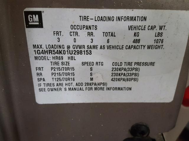 1G4HR54K01U298153 - 2001 BUICK LESABRE LI GOLD photo 10