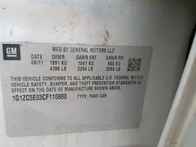 1G1ZC5E03CF110880 - 2012 CHEVROLET MALIBU 1LT SILVER photo 10