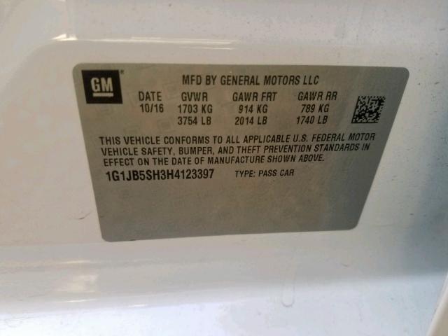 1G1JB5SH3H4123397 - 2017 CHEVROLET SONIC LS 白色 照片 10